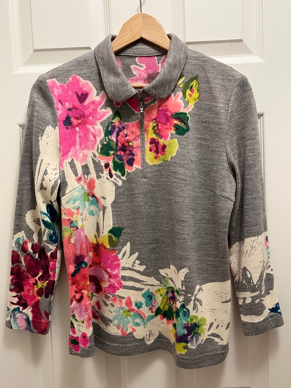 Vintage Watercolour Floral Wool Blend Quarter Zip Sweater Size M